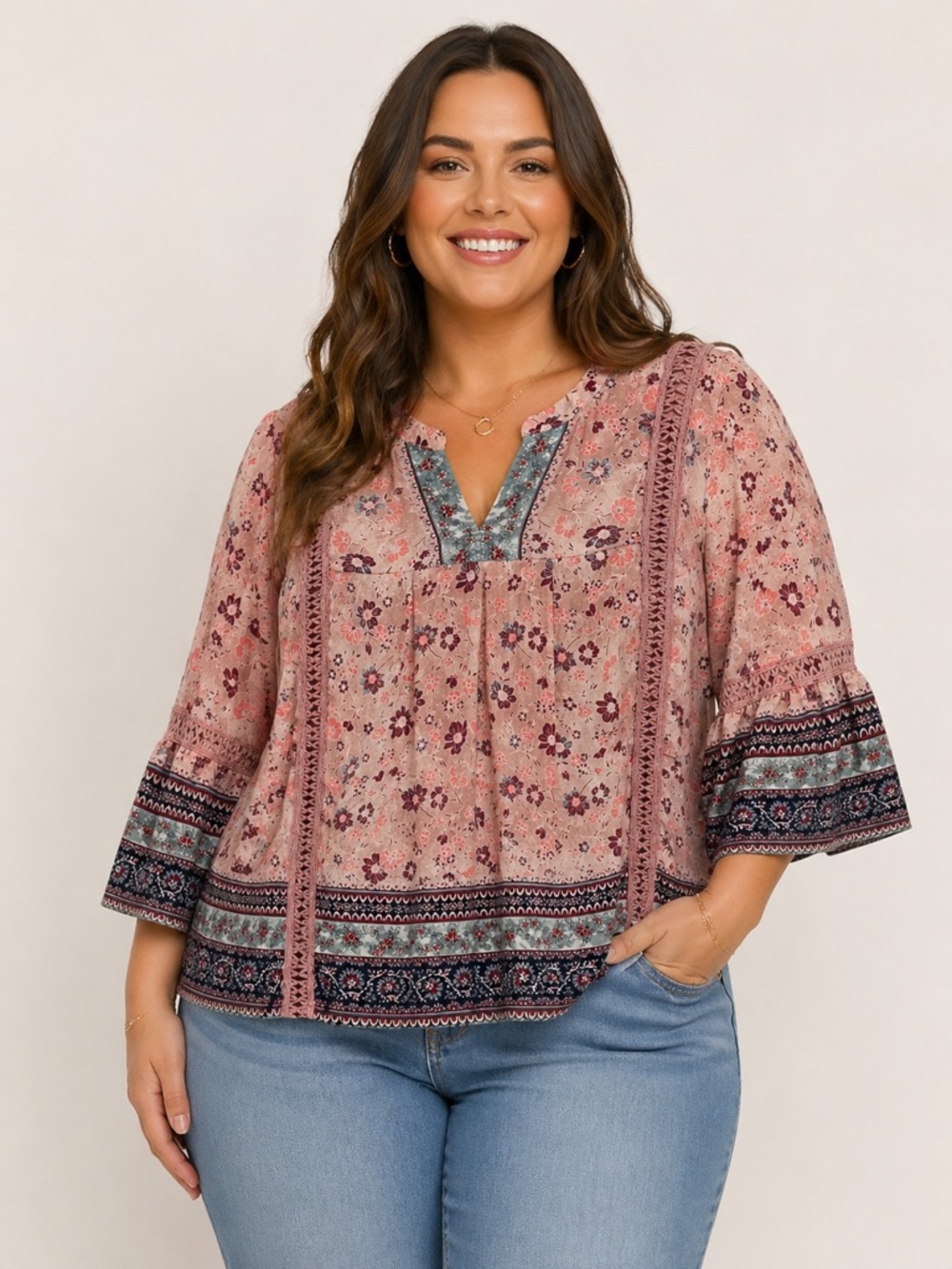 Knox Rose floral blouse with crochet detail and flowy sleeves